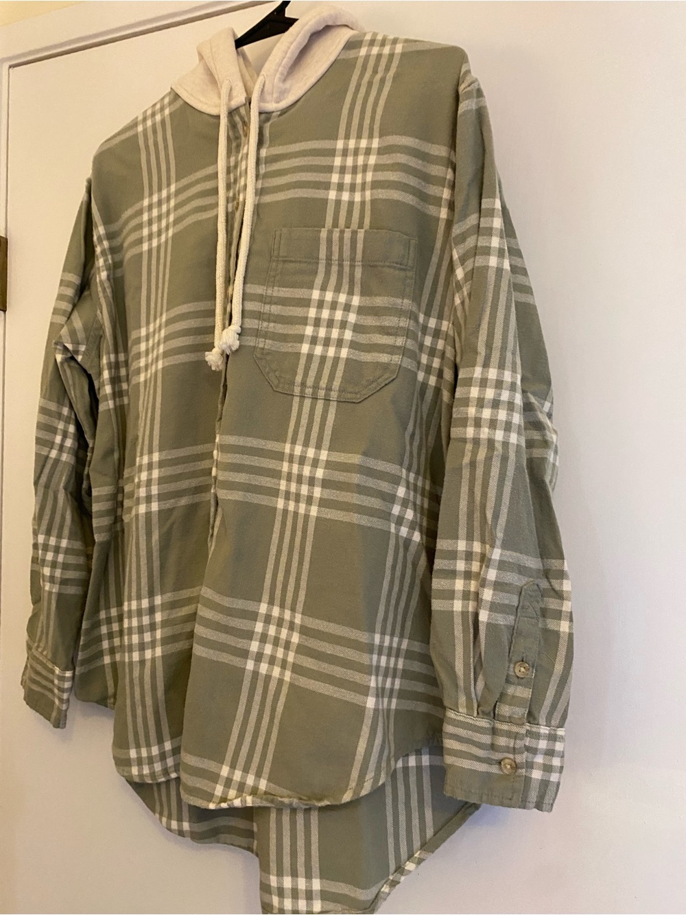 American Eagle Outfitters Sage Green Plaid Button Hoodie Shirt - Picture 2 of 9